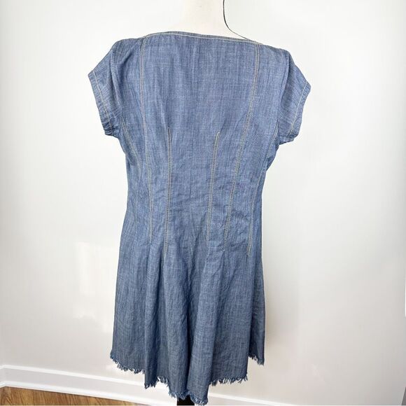 ZAPPELLE CUSTOM Medium Wash Denim Blue Cap Sleeved Pleated Trapeze Dress Sz XL - Picture 2 of 14